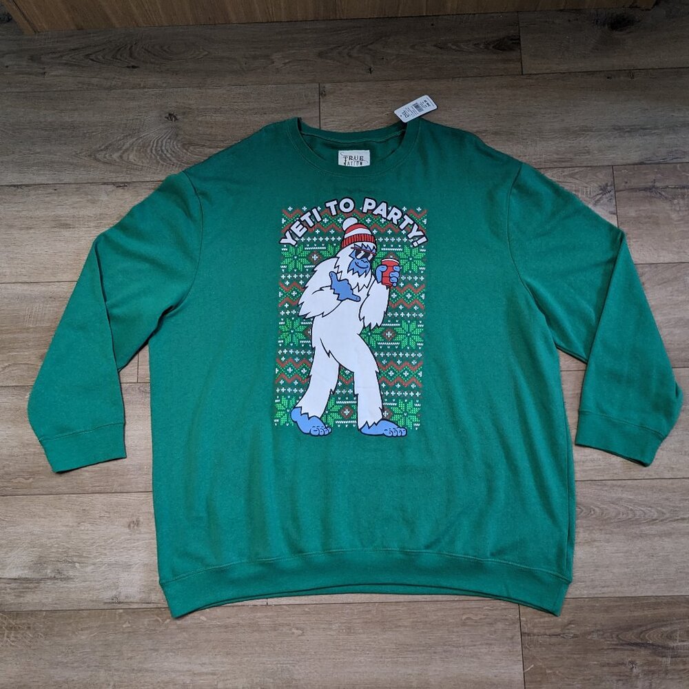 NWT True Nation Yeti To Party Ugly Christmas Sweatshirt Green Men’s Size 4XL